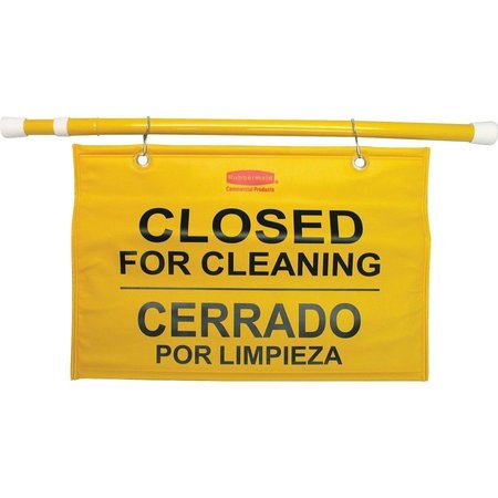 RUBBERMAID COMMERCIAL Multilingual Closed for Cleaning Safety Signs, 13" Height, 50" Width, English; French; Spanish RCP9S1600YLCT